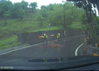 豪雨來襲路樹橫倒下 大甲警冒雨排除障礙
