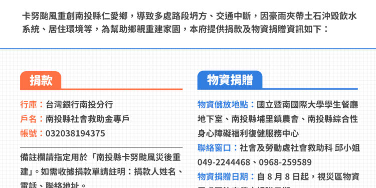 卡努颱風南投縣捐款及捐贈物資資訊 卡努颱風南投縣捐款及捐贈物資資訊